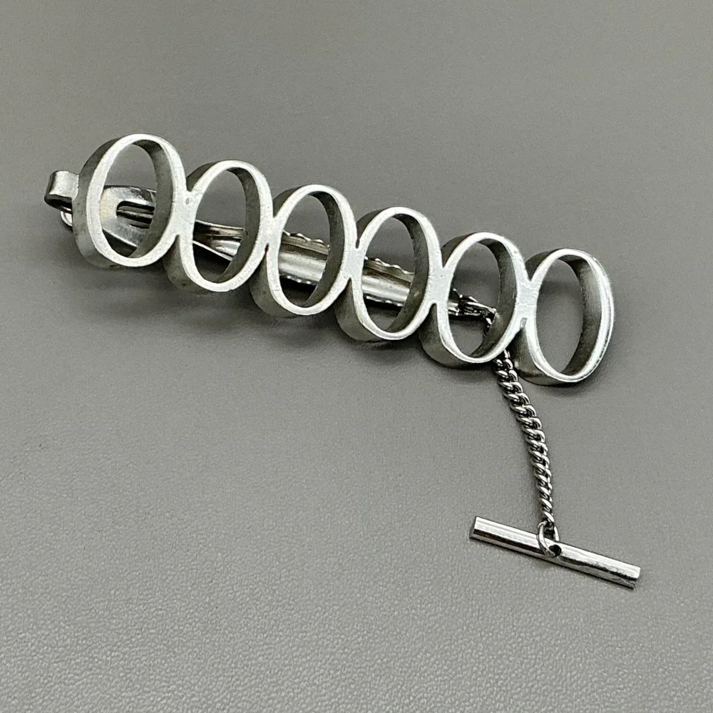 Dante Tie Clip Vintage Silver Tone Modernist Circle Chain Bar Men's Accessory